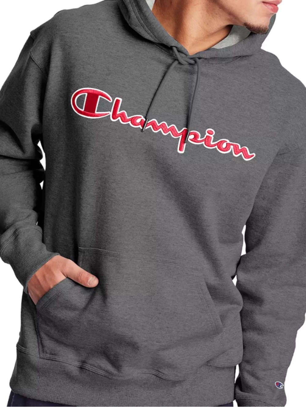 Champion Men's Gray Pullover Hoodie with Red Script Logo Size Large